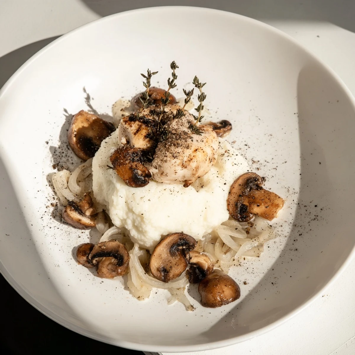 Tender poached chicken sits atop creamy cauliflower purée in this Ghostly Gala dish.