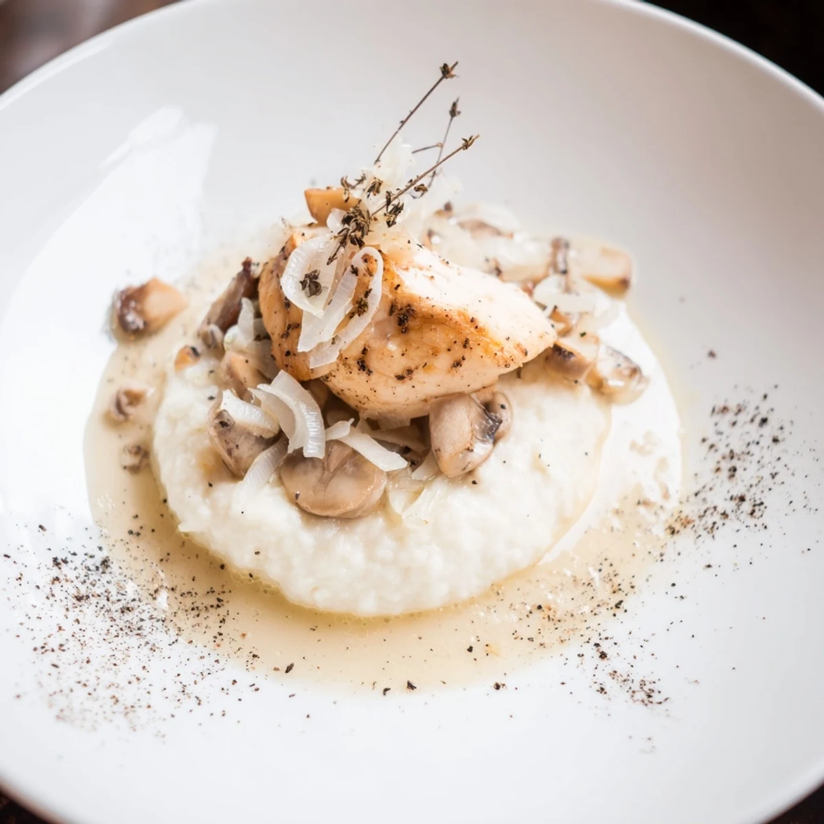 Elegant plated Ghostly Gala features perfectly cooked chicken with a luscious cauliflower base, ready to enjoy.
