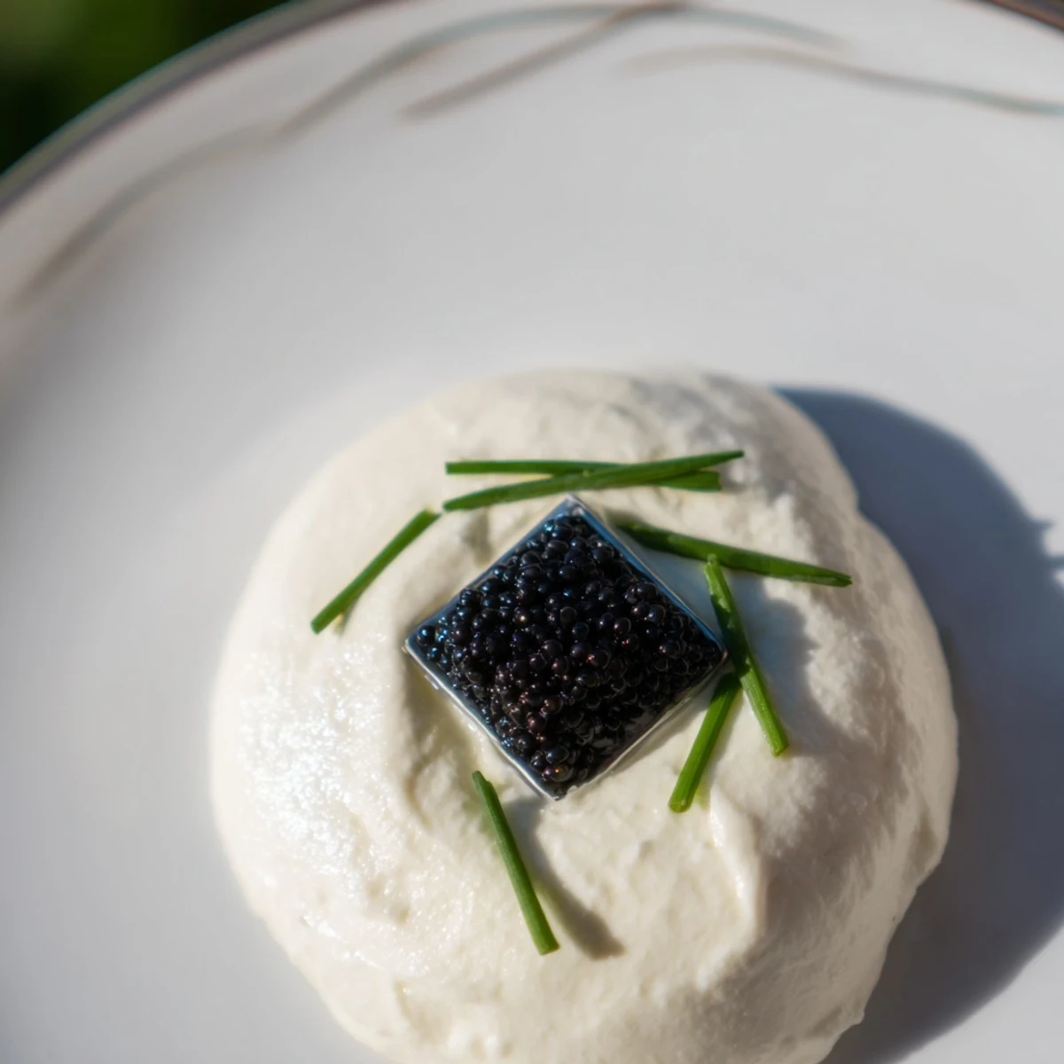 Elegant The Diamond Inlay appetizer, featuring creamy cream cheese and glistening caviar, ready to eat.