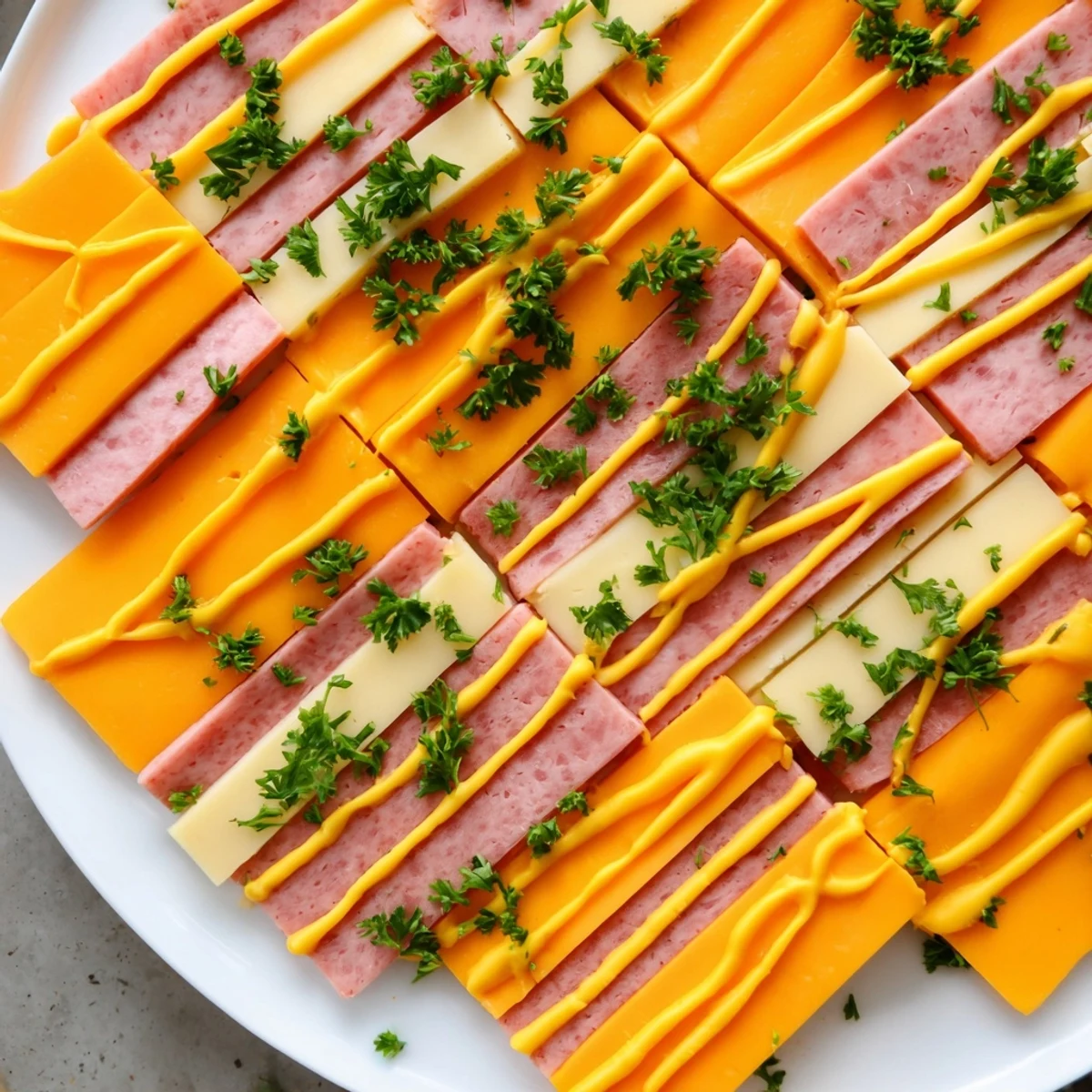 This beautiful patchwork quilt is a tempting appetizer of meats, cheeses, and mustard, ready to enjoy.