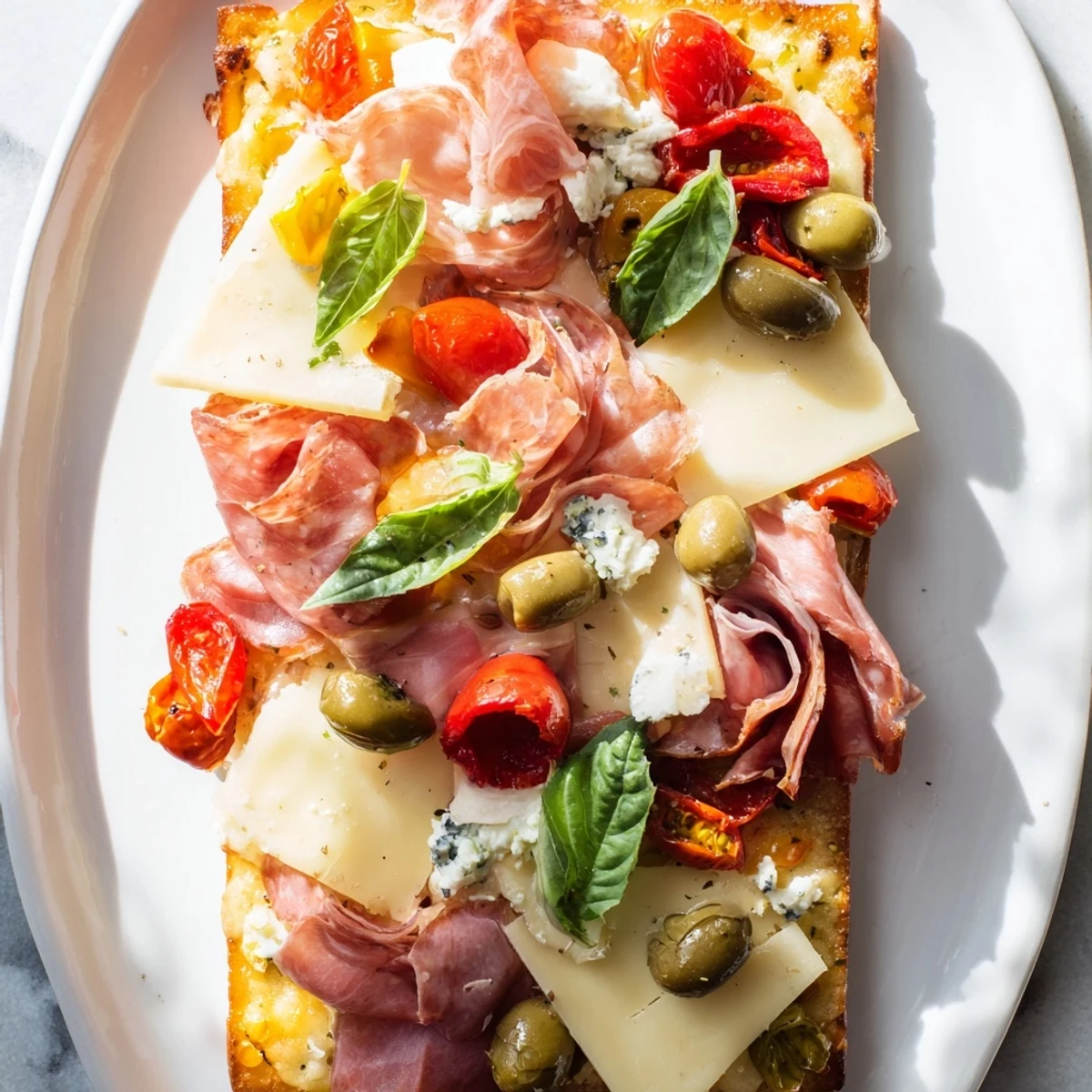 Aged cheddar and salami topping a savory The Rustic Raft flatbread appetizer, inviting you.