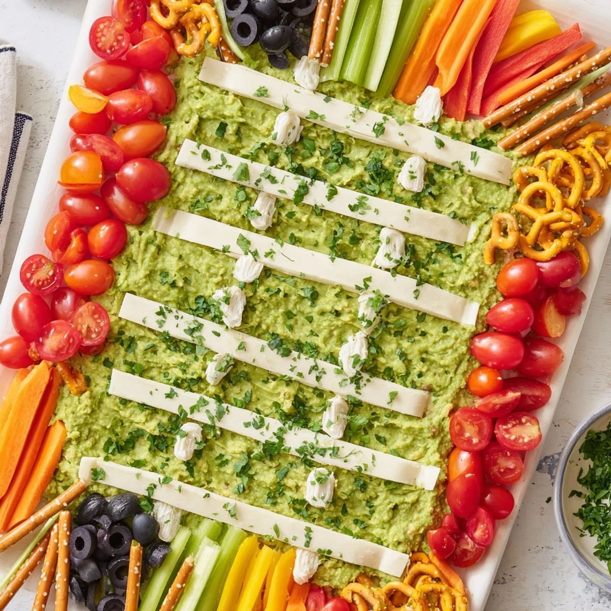 Game Day Football Field Snack Board: a vibrant, layered appetizer featuring a delicious green "field" of guacamole.