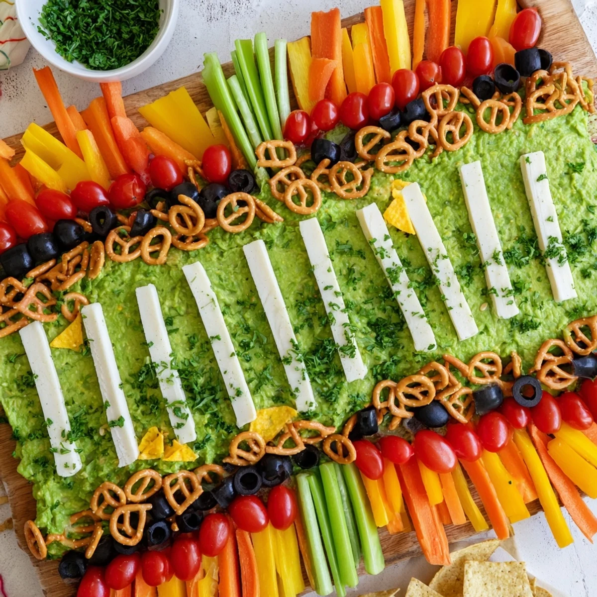 Vibrant Game Day Football Field Snack Board with mozzarella yard lines and colorful snack options ready to serve.