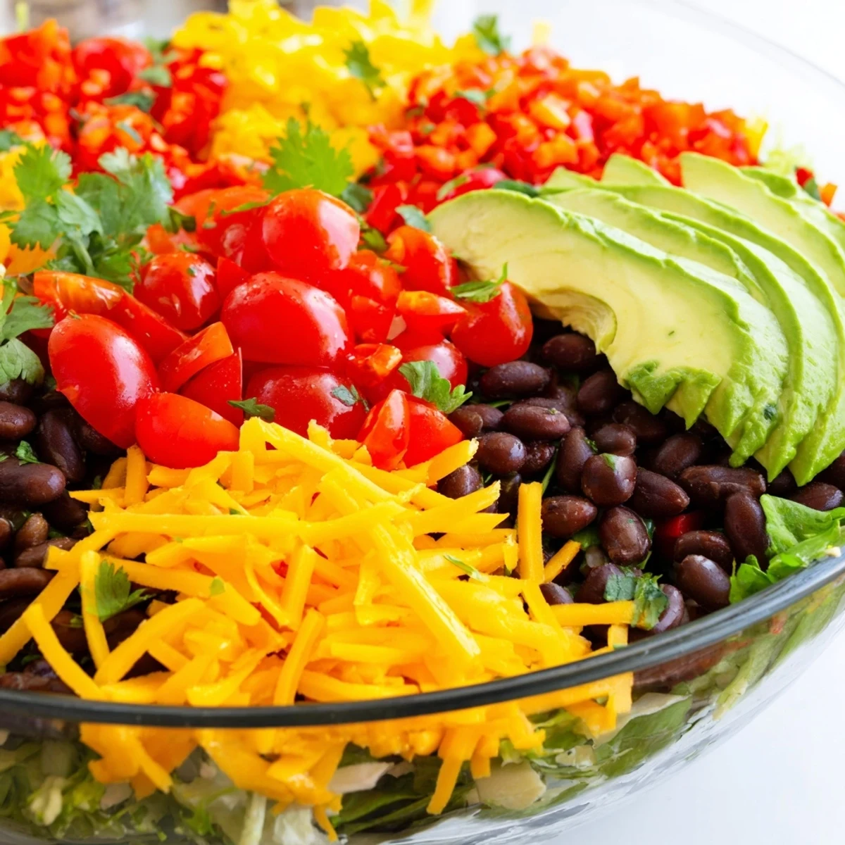 Layered Southwest Sunset Palette salad shows colorful peppers and cheese, ready to be scooped.