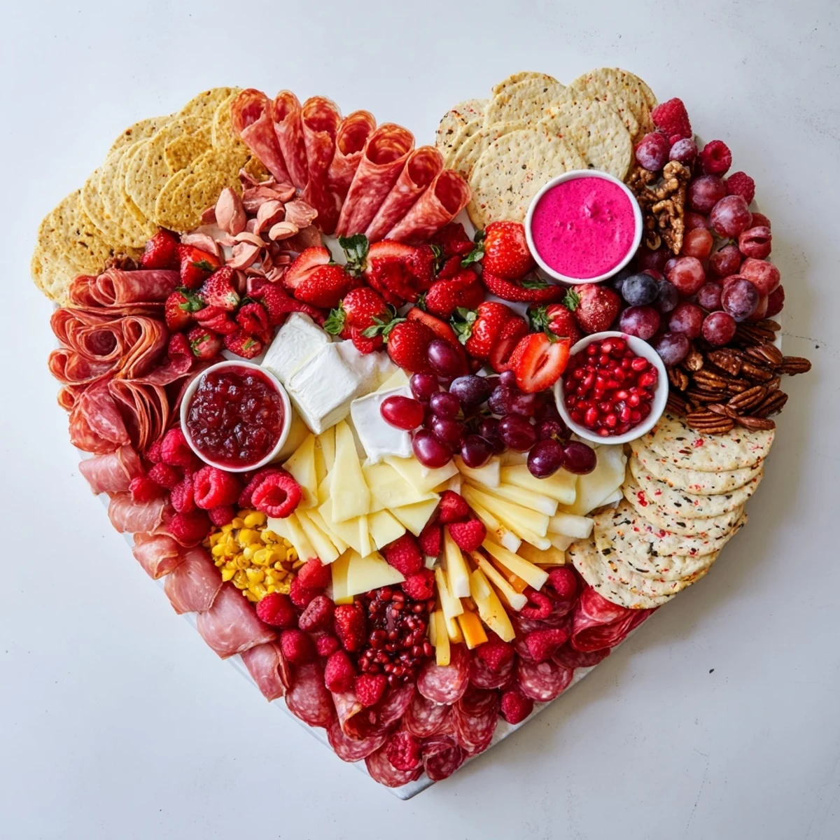 A romantic Heart of Romance Board overflowing with fresh fruits, meats, cheeses--perfect appetizer!