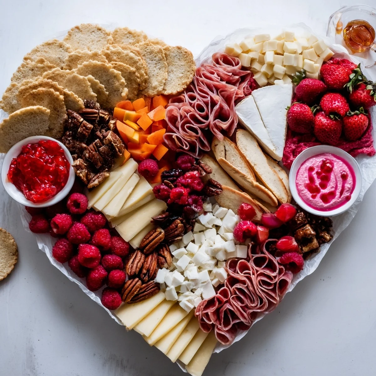 This Heart of Romance Board displays an array of cheeses, meats, and fruits perfect for sharing.