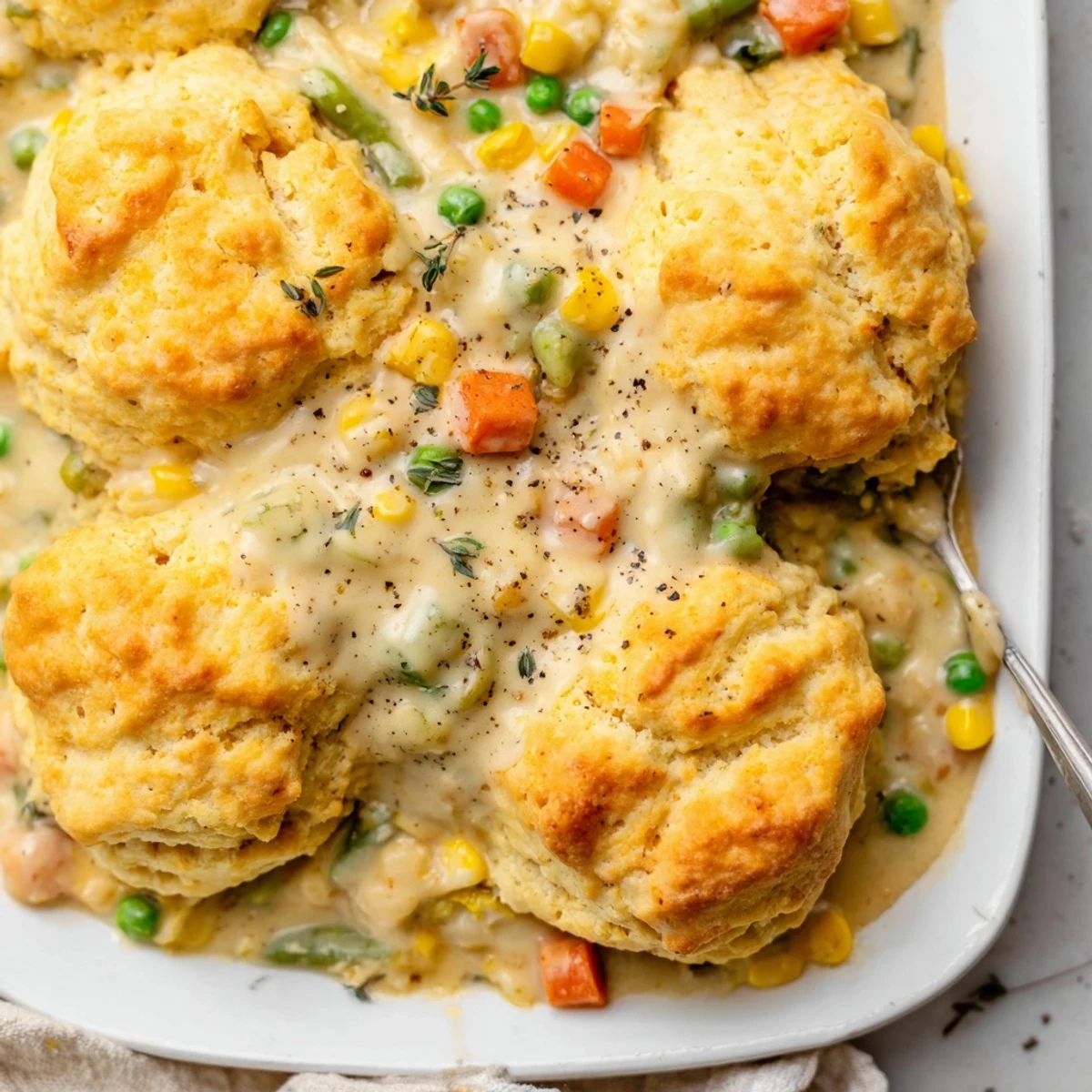 Chicken Cobbler with Red Lobster mix, bubbly and golden from the oven, ready to serve with fresh parsley.