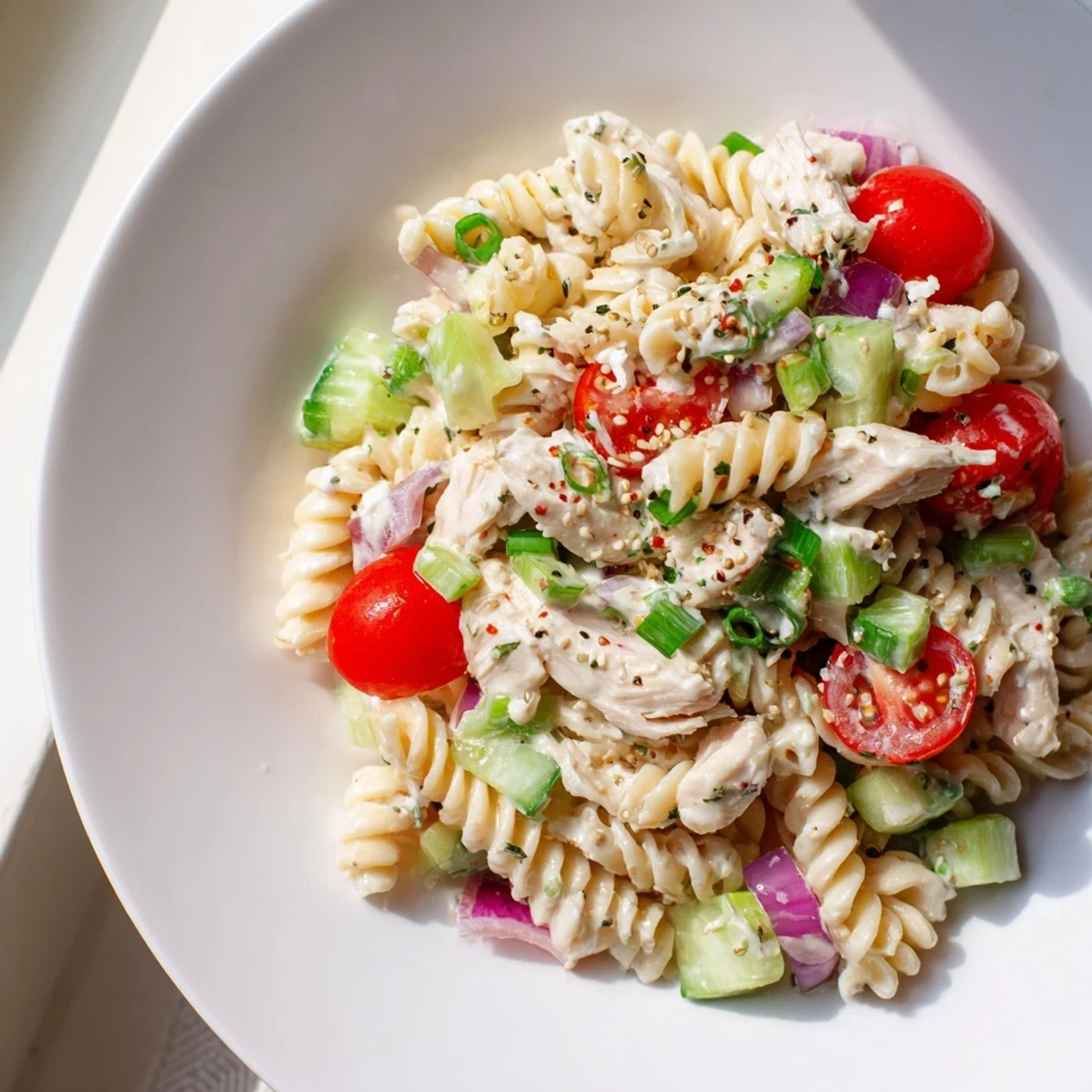 Everything Bagel Chicken Pasta Salad: A creamy cold pasta salad with vibrant veggies and seasoning.