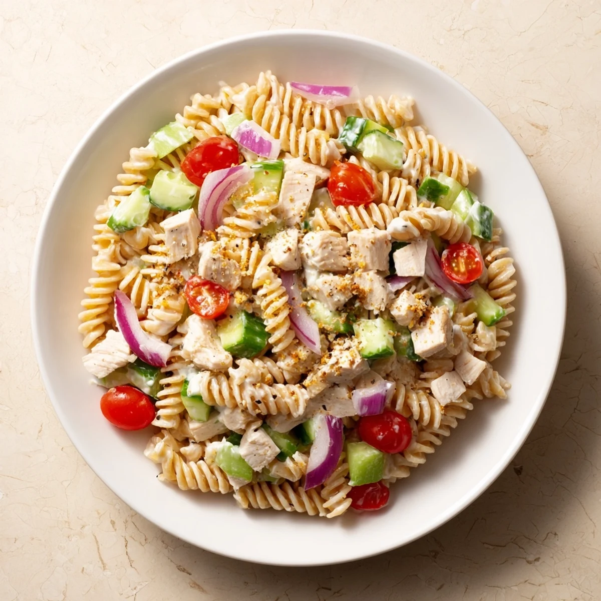 This Everything Bagel Chicken Pasta Salad shows tender chicken and pasta mixed in a flavorful dressing.