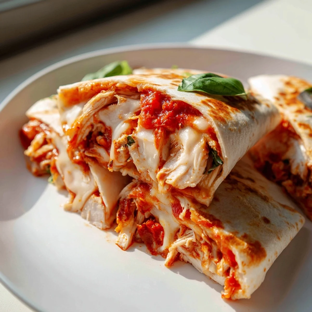Crispy, golden-brown tortilla pizza wrap with chicken, marinara, and melted mozzarella cheese.