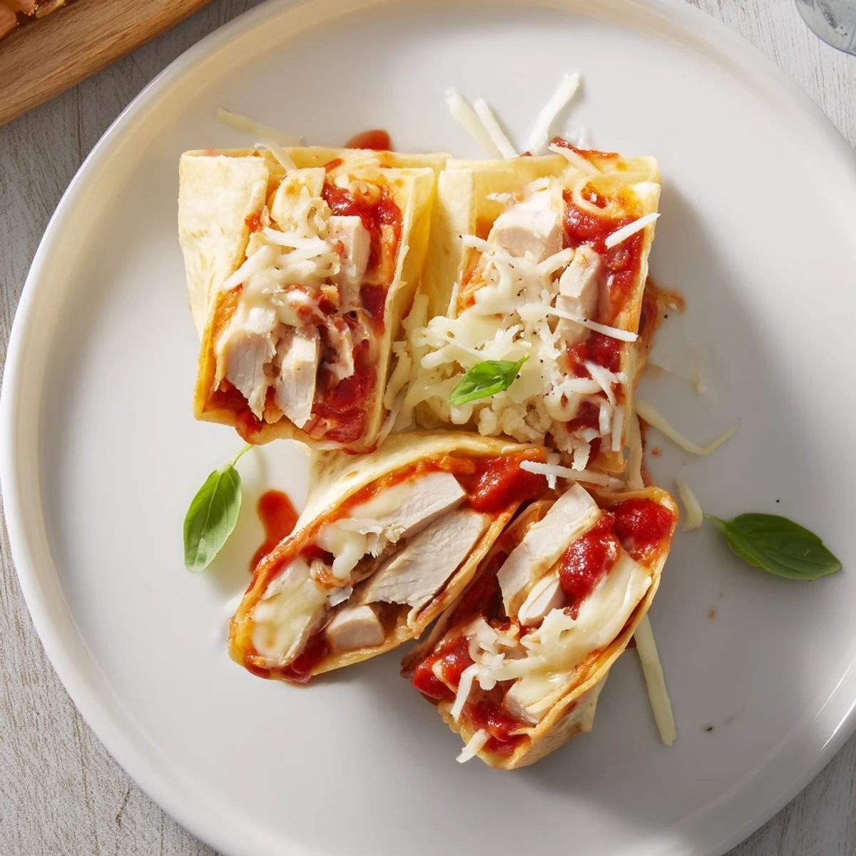 A perfectly folded tortilla pizza wrap, filled with chicken and cheese, ready to eat in minutes.
