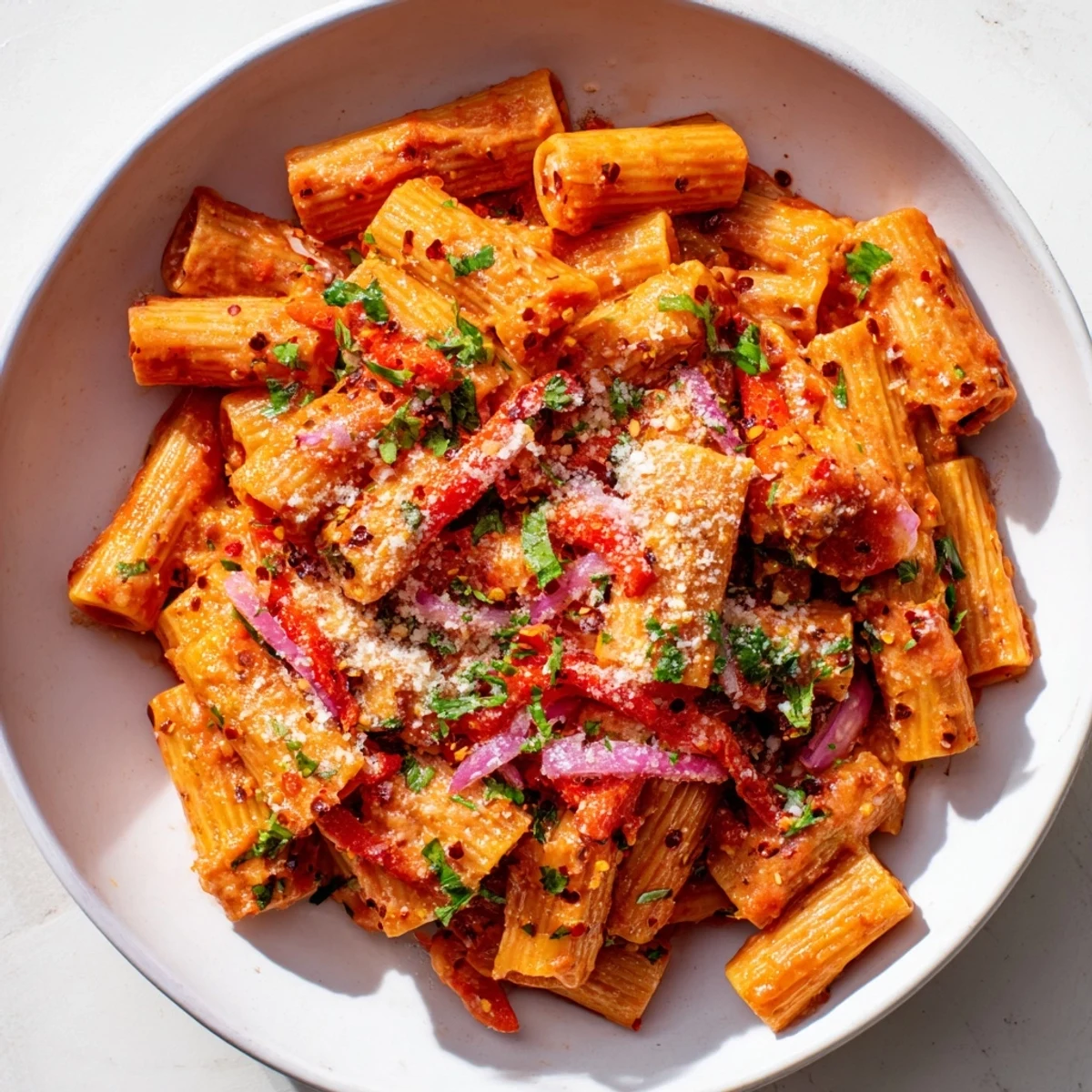 Steaming One-Pot Diavola Spicy Pasta, rich red hues, and herbs garnish this delicious Italian meal.