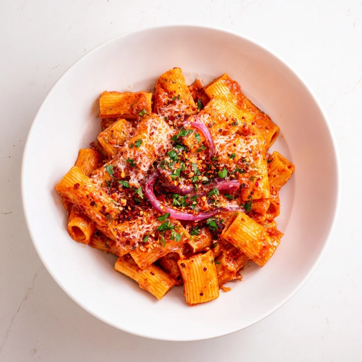 Close-up of bubbling One-Pot Diavola Spicy Pasta; the vibrant sauce coats the pasta perfectly.