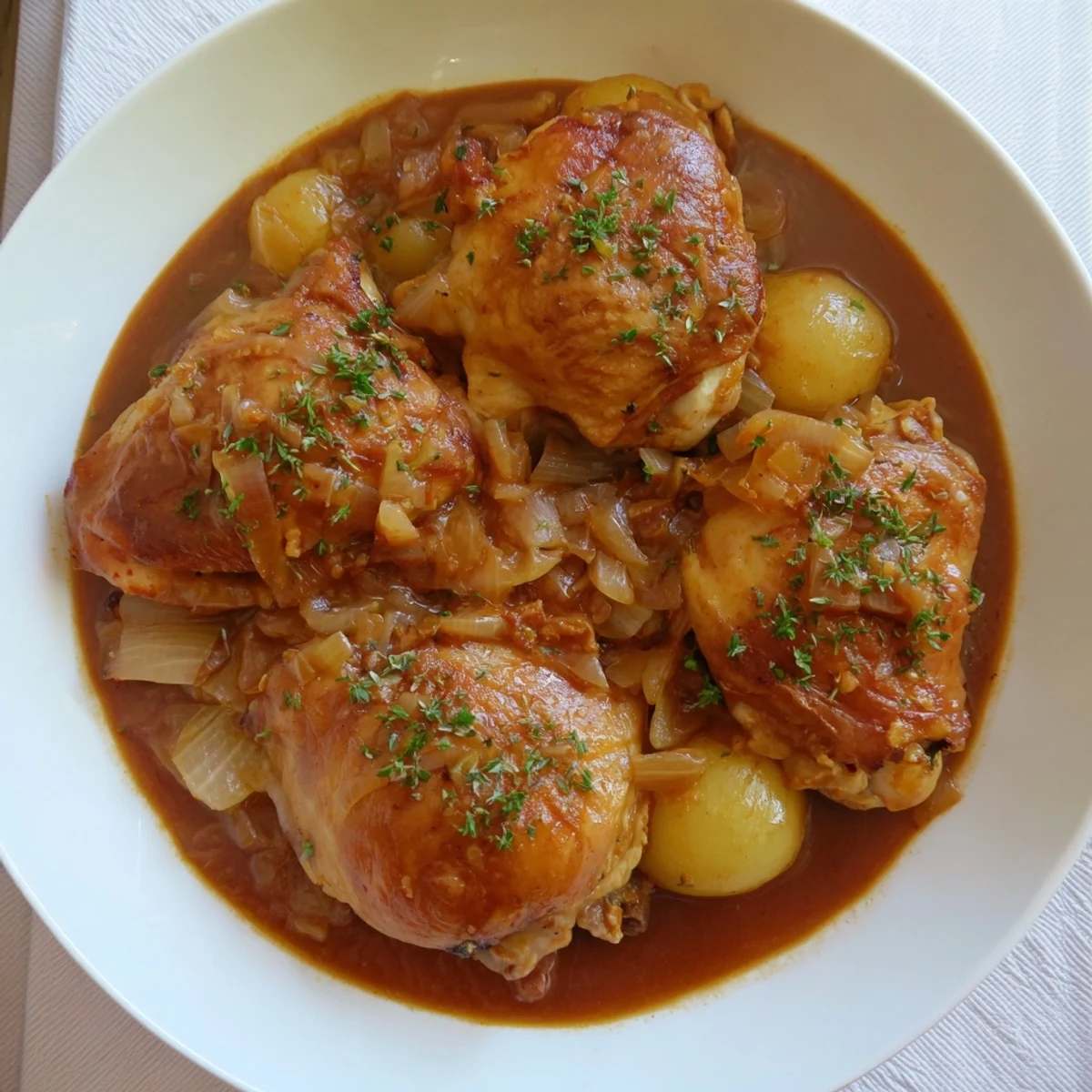 Georgia Pot Roast Chicken rests in a Dutch oven with meltingly tender chicken thighs and flavorful root vegetables.
