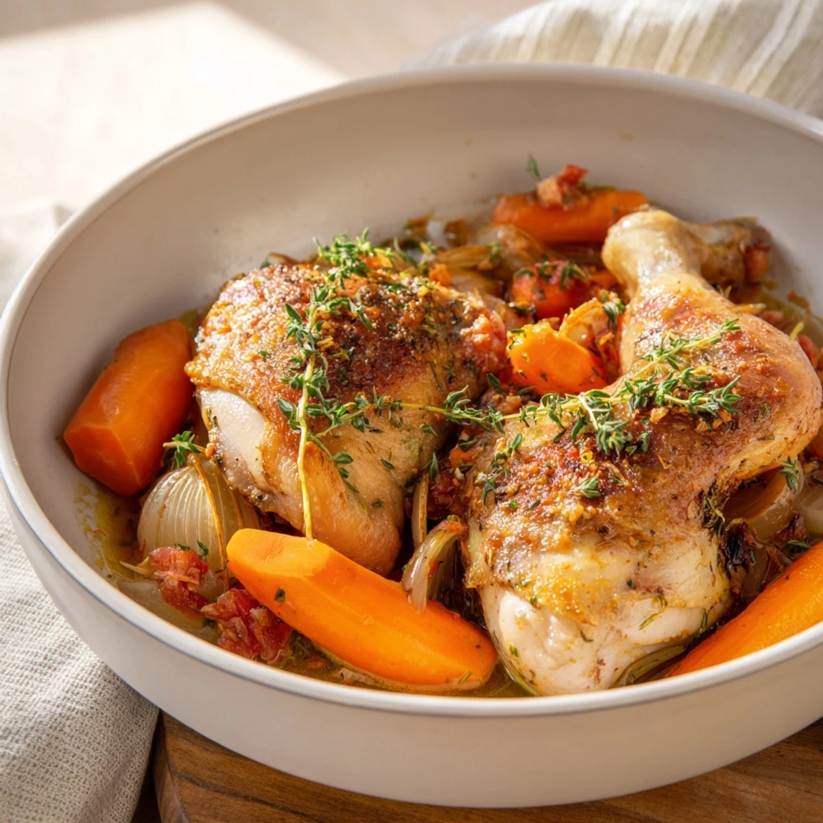 Golden-brown chicken and vegetables simmer in a pot, the Georgia Pot Roast Chicken, ready for serving.