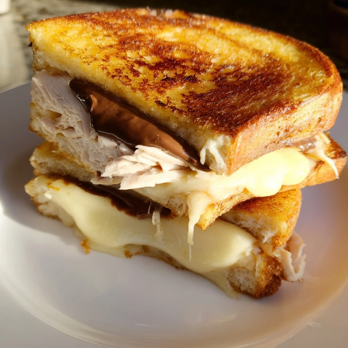 Golden-brown Nutella Grilled Cheese with Chicken, showcasing melted brie and flavorful chicken between toasted bread.