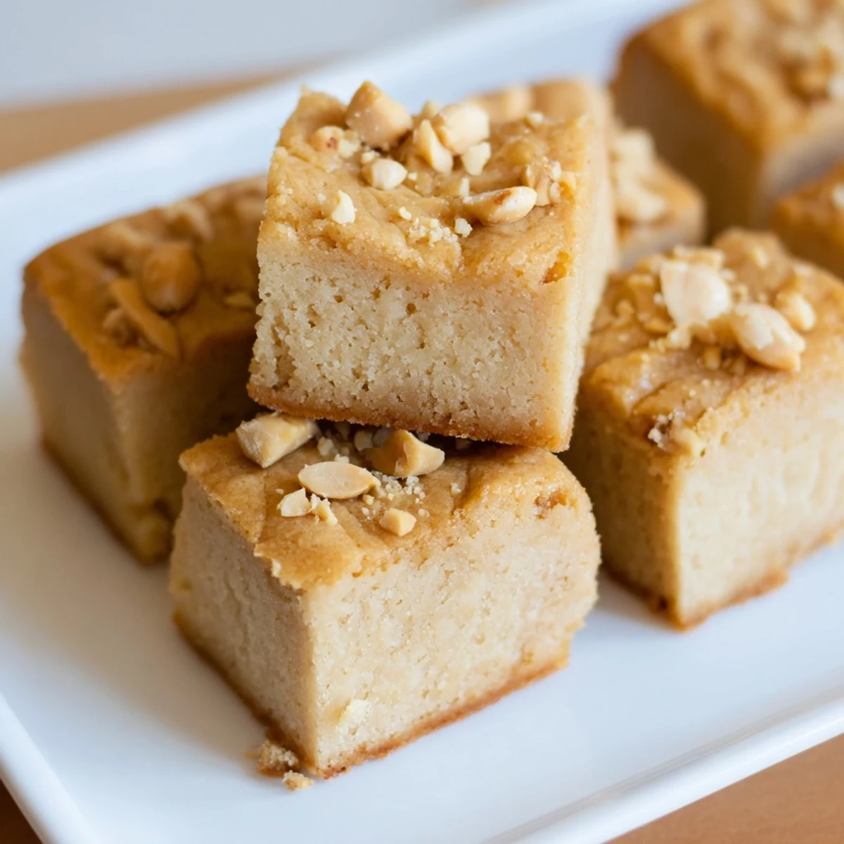 Perfectly baked peanut butter mochi cake with a delightful, slightly crispy top, enjoyed with a cup of tea.