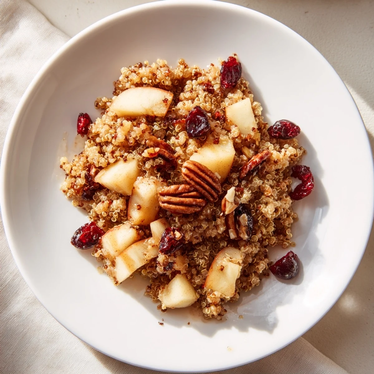 Steaming Apple Cinnamon Quinoa Bowl, a healthy breakfast overflowing with sweet apple pieces and cozy spices.