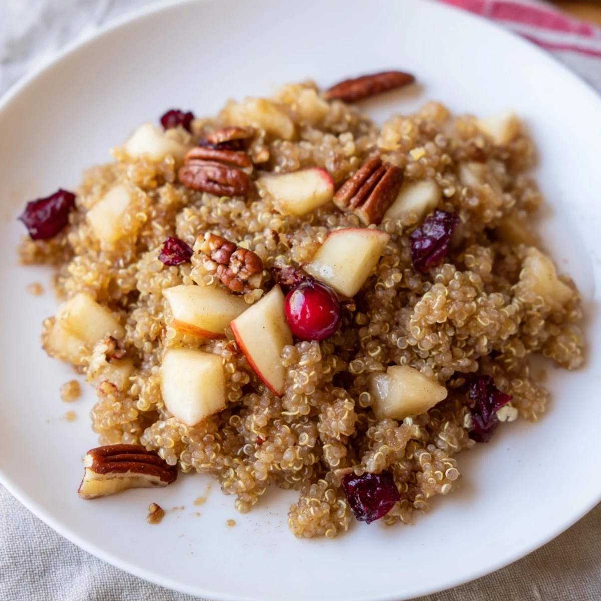 A comforting bowl of Apple Cinnamon Quinoa, featuring soft apples and a cinnamon-kissed, creamy base, ready to enjoy.