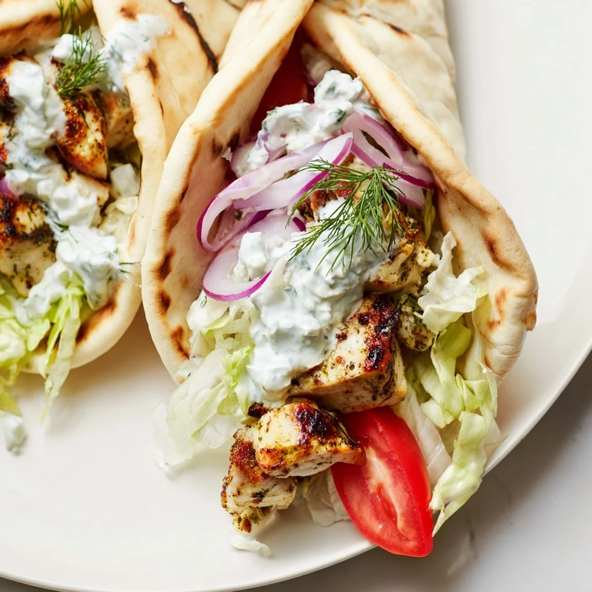 Golden Greek Chicken Souvlaki Wraps filled with grilled chicken, fresh veggies, and creamy tzatziki sauce.