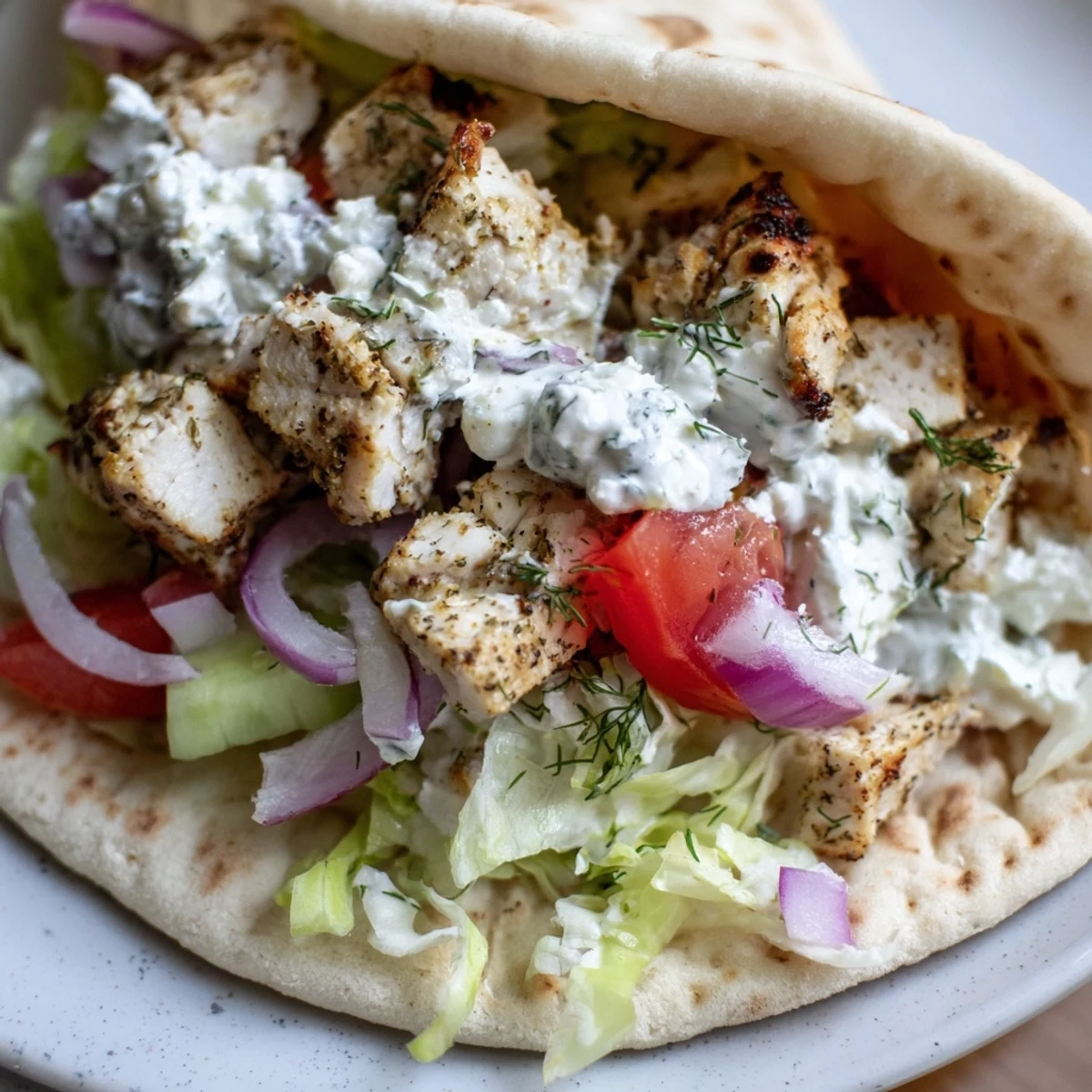 A close-up of delicious Greek Chicken Souvlaki Wraps ready to be enjoyed as a flavorful meal.