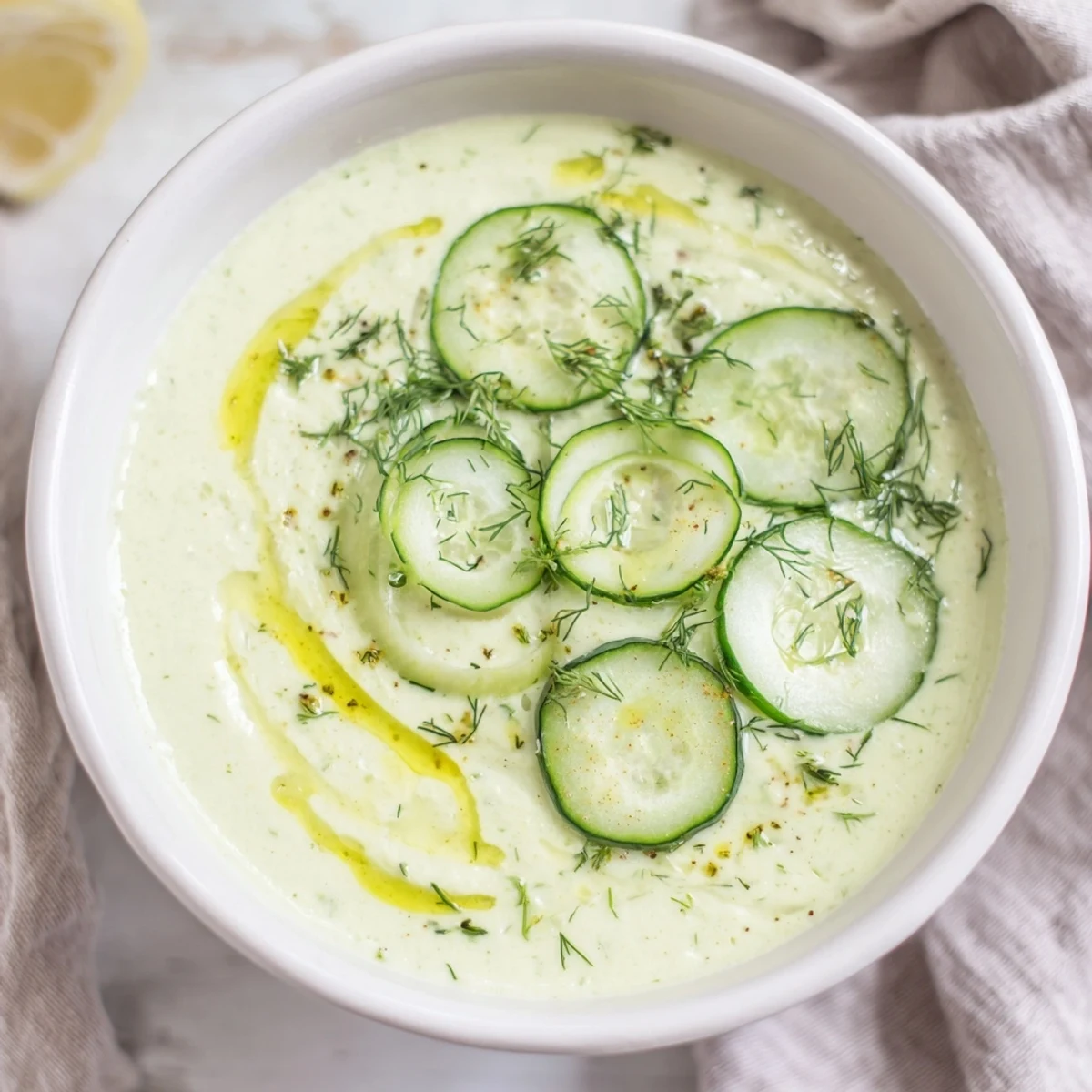 Creamy chilled Cucumber Garlic Soup garnished with fresh dill and cucumber slices, ready to enjoy.