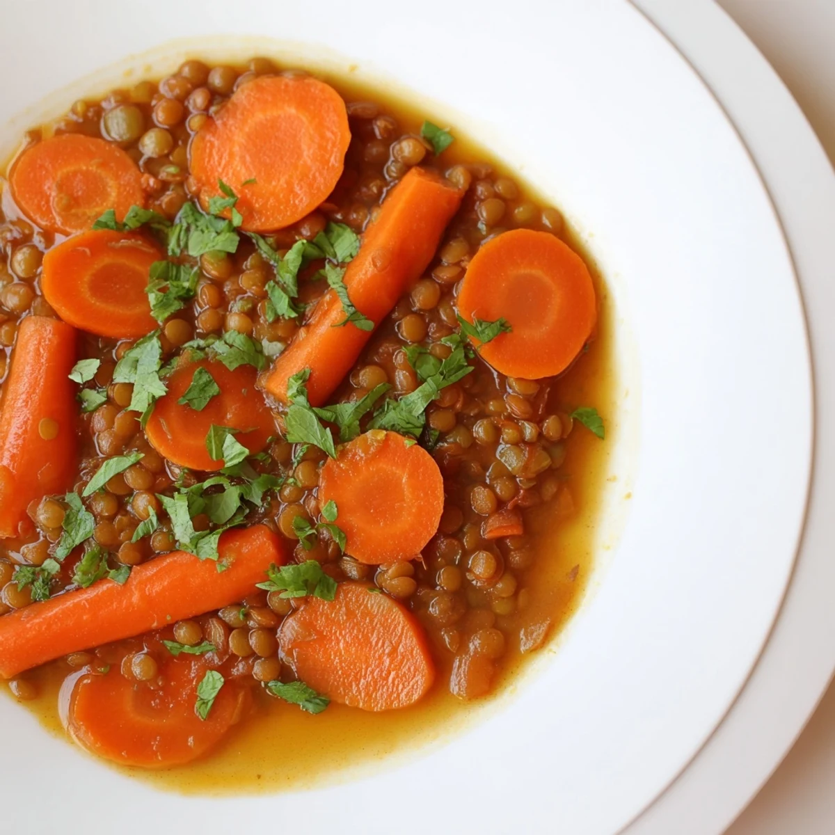 Steaming bowl of Spiced Carrot Lentil Soup, garnished with cilantro, ready to eat for dinner.