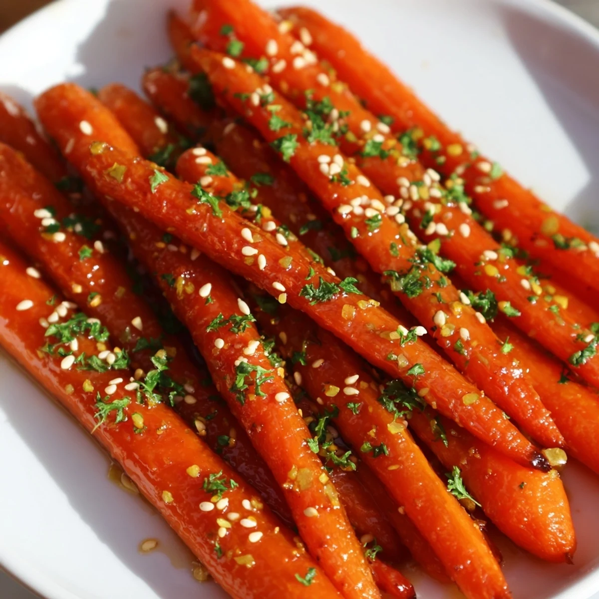 Golden-brown Maple Mustard Roasted Carrots, glistening from the glaze, are ready to serve hot.