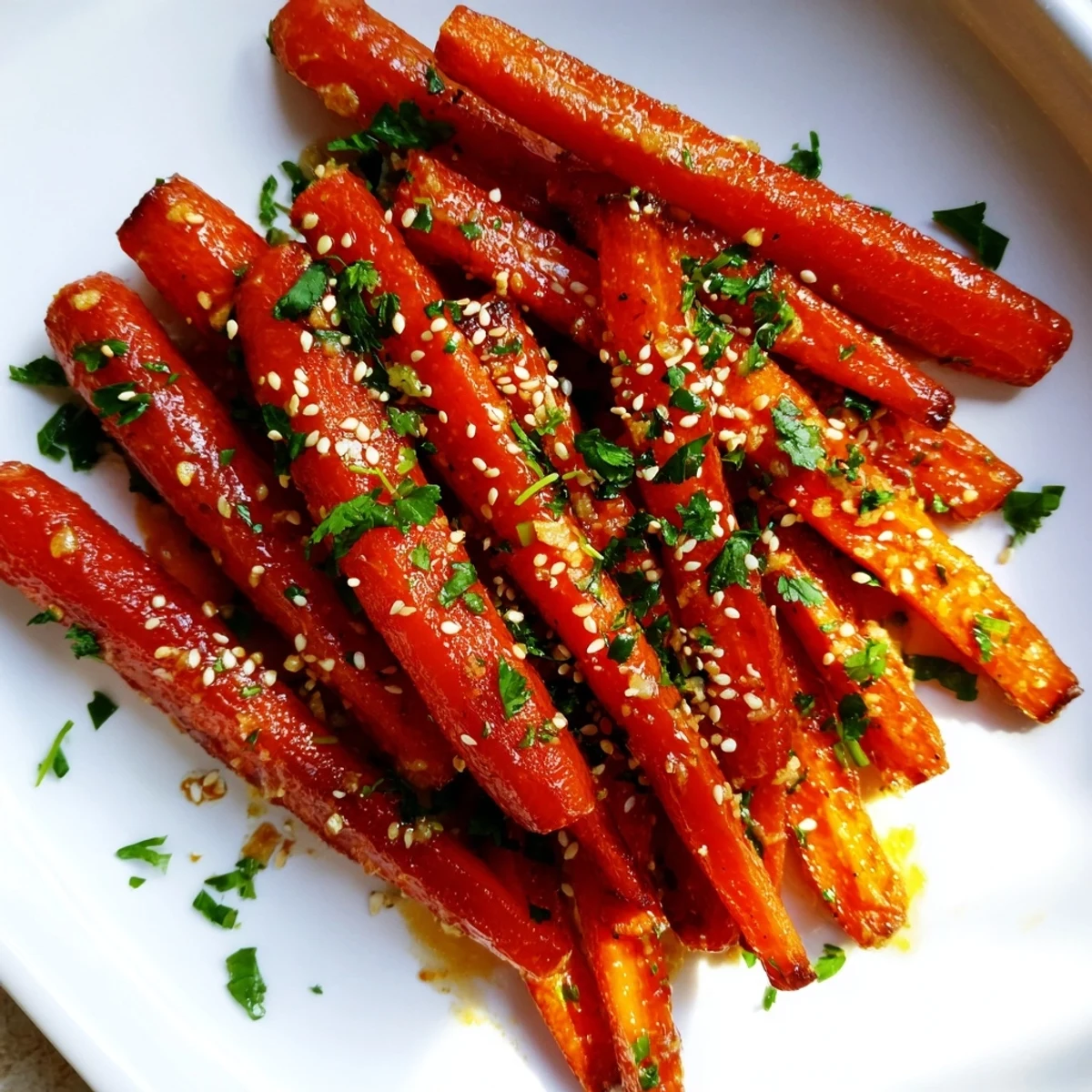 A close-up of tender Maple Mustard Roasted Carrots, showing caramelized edges and inviting aromas.
