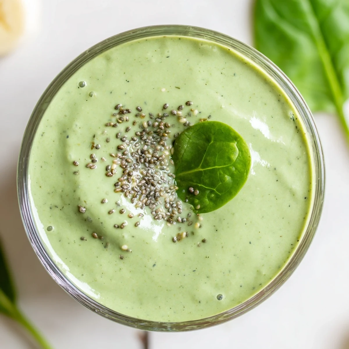 A close-up of a Spinach Avocado Smoothie, thick and vibrant with blended fruits and greens.