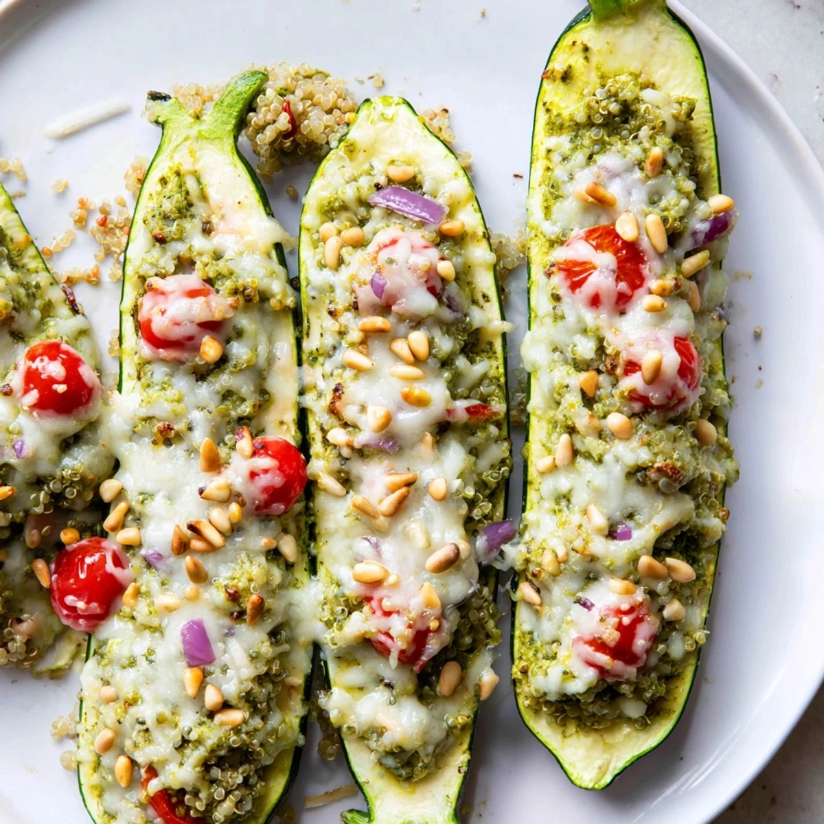 Golden, bubbly Cheesy Pesto Zucchini Boats, a vegetarian delight baked until tender and flavorful, ready to devour.