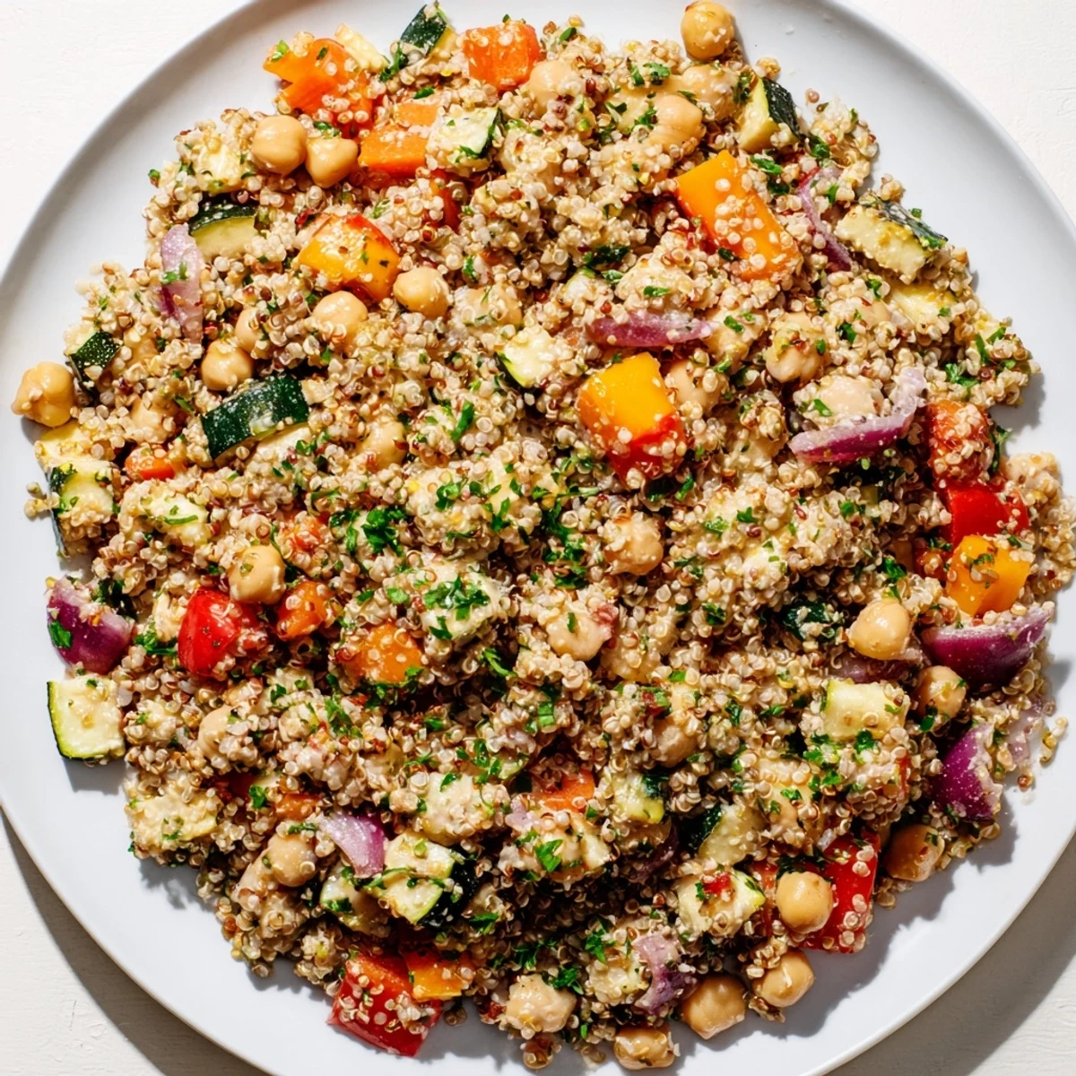 Vibrant Quinoa Power Salad with roasted vegetables and creamy tahini dressing, ready for serving.