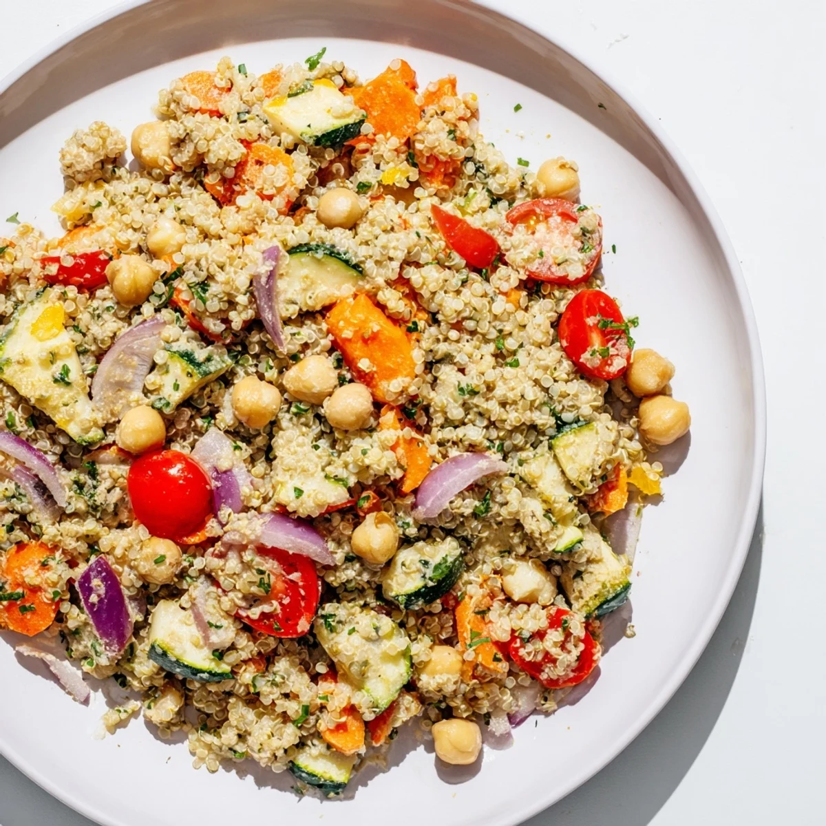 Hearty Quinoa Power Salad, visually appealing with colorful veggies and a drizzle of dressing, imagine the flavors.