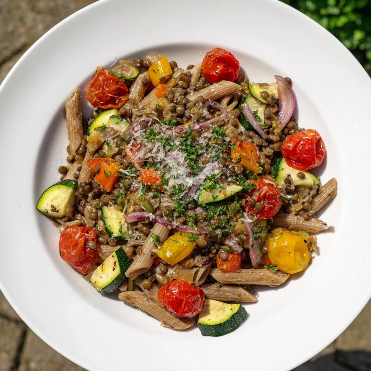 Delicious Lentil Pasta with Vegetables: savory pasta with lentils, herbs, and roasted veggies served warm.
