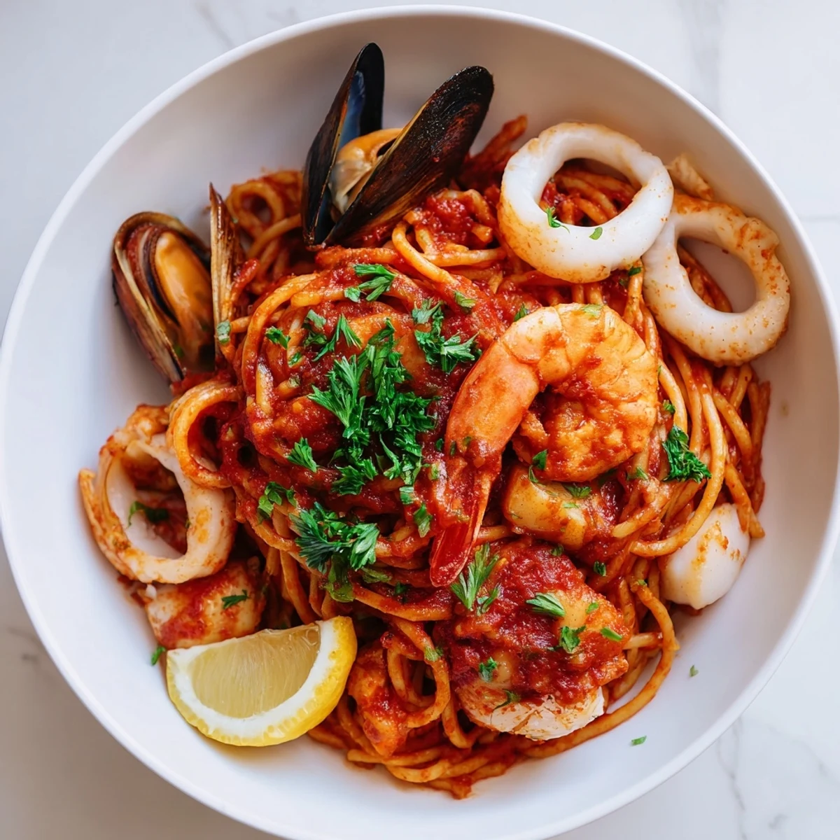 Spaghetti smothered in rich Seafood Marinara Pasta, featuring tender shrimp and mussels, ready to serve.