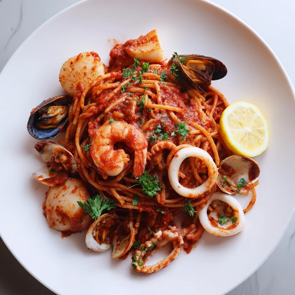 A steaming bowl of comforting Seafood Marinara Pasta, with bright red tomato sauce and fragrant herbs.