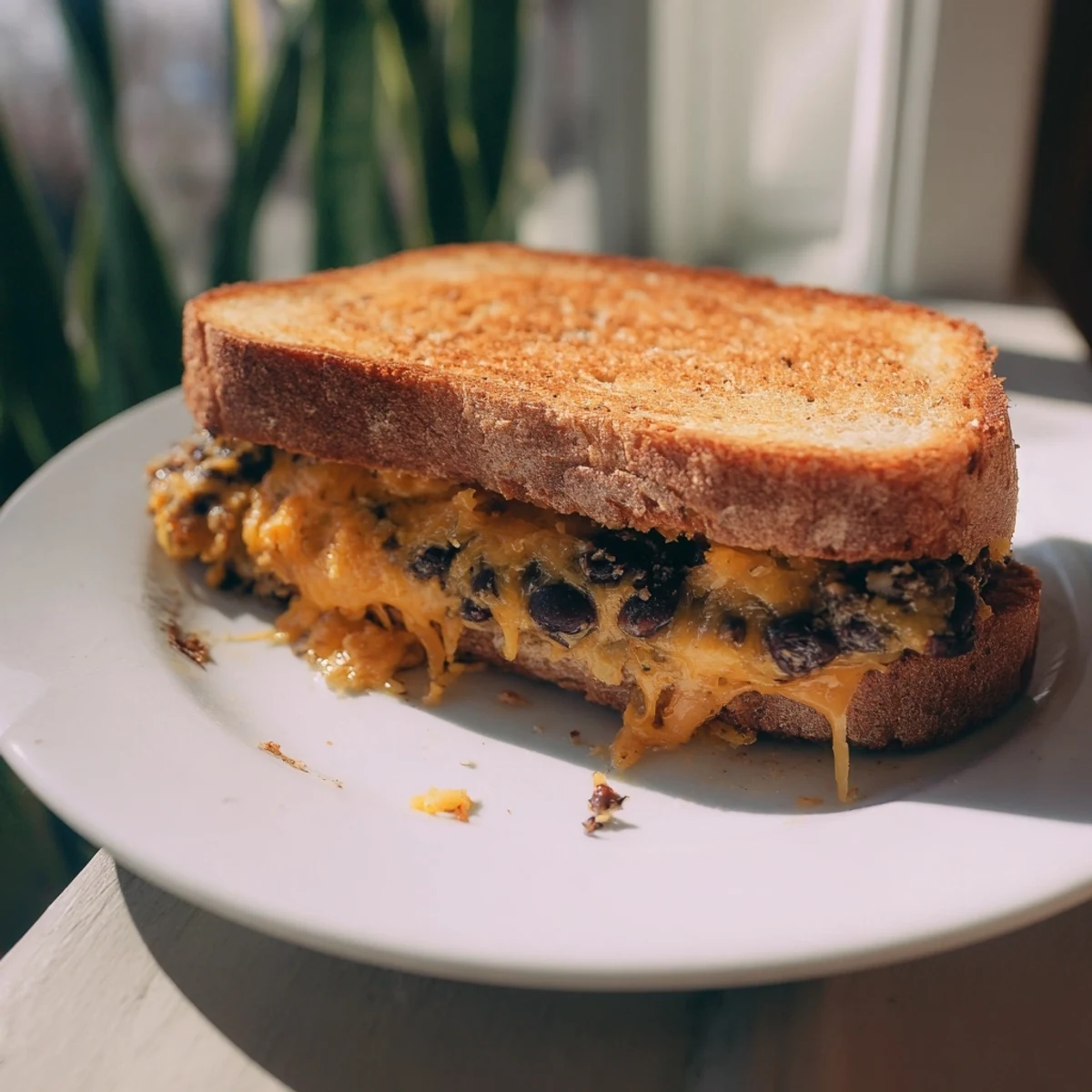 Savory Black Bean Grilled Cheese, piled high and served with a side of fresh, creamy salsa.