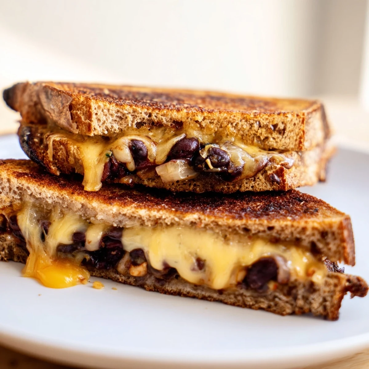 A delicious, close-up view of a perfectly cooked Black Bean Grilled Cheese, ready to eat.