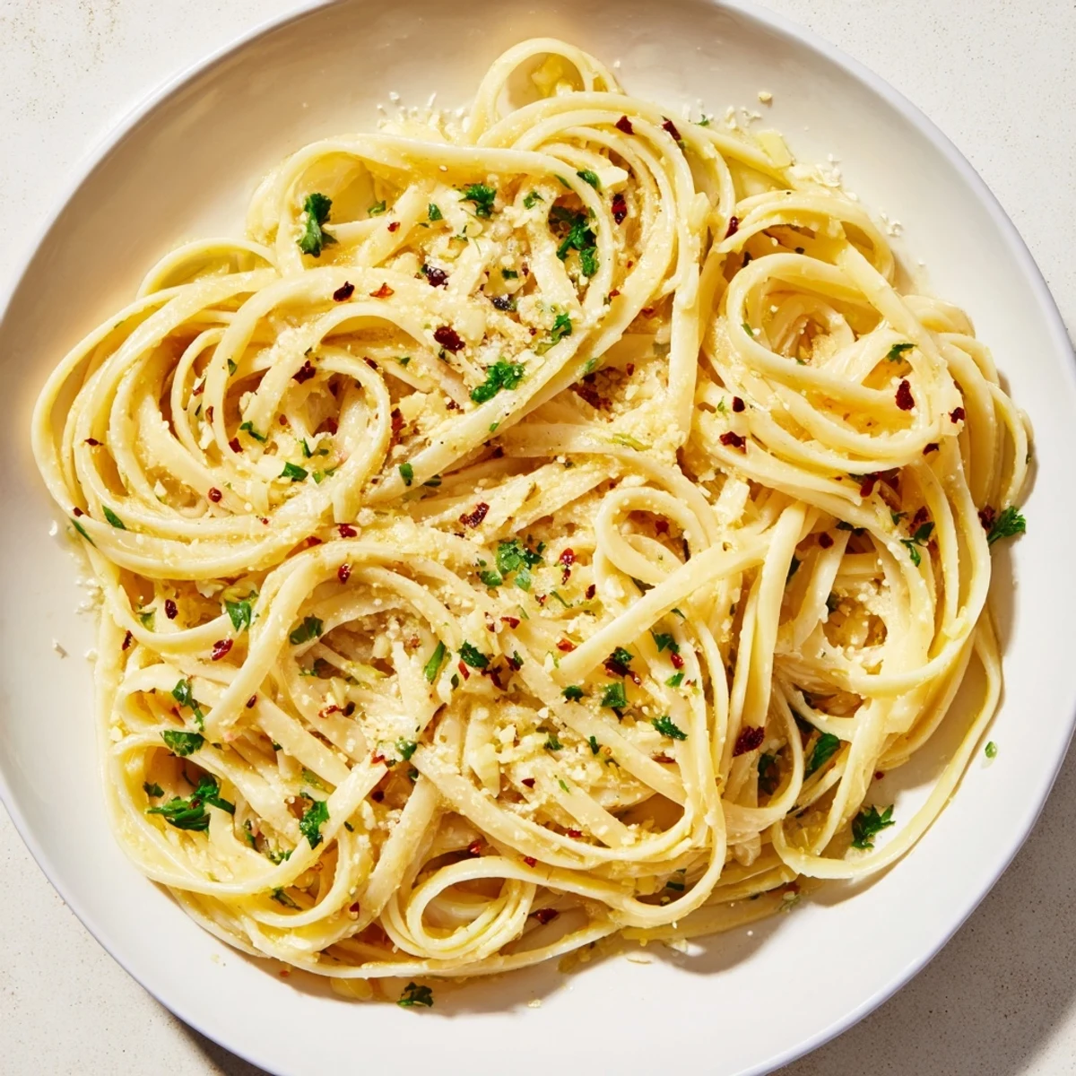 A close-up of creamy garlic butter linguine, sprinkled with fresh parsley and Parmesan cheese.