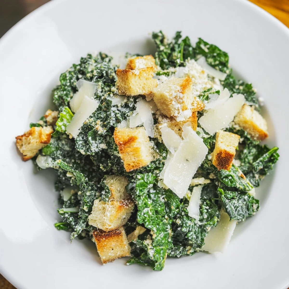 Fresh and vibrant Kale Caesar Salad with crispy croutons and shaved Parmesan.