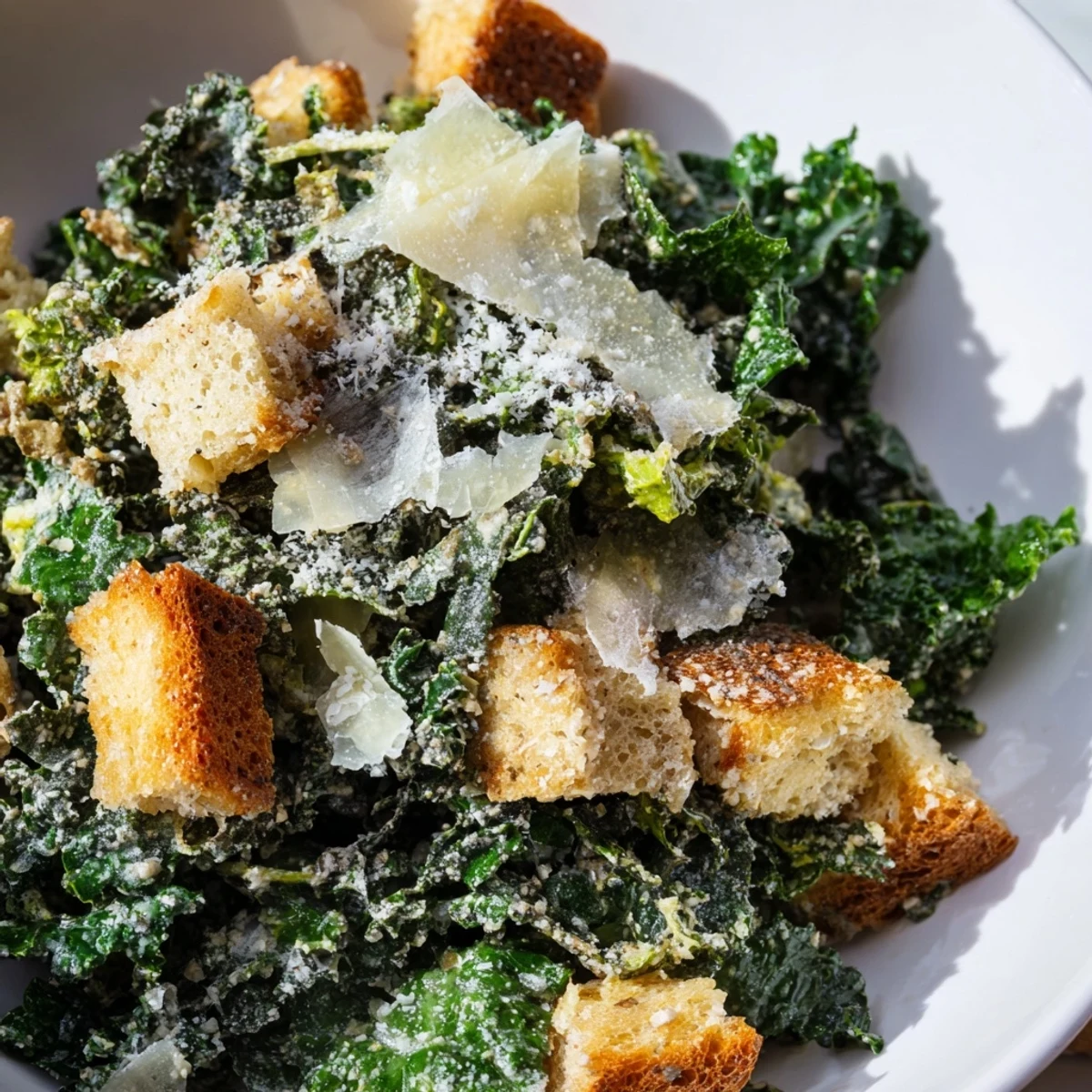 A beautiful bowl of Kale Caesar Salad: A delightful vegetarian salad with crunchy croutons.