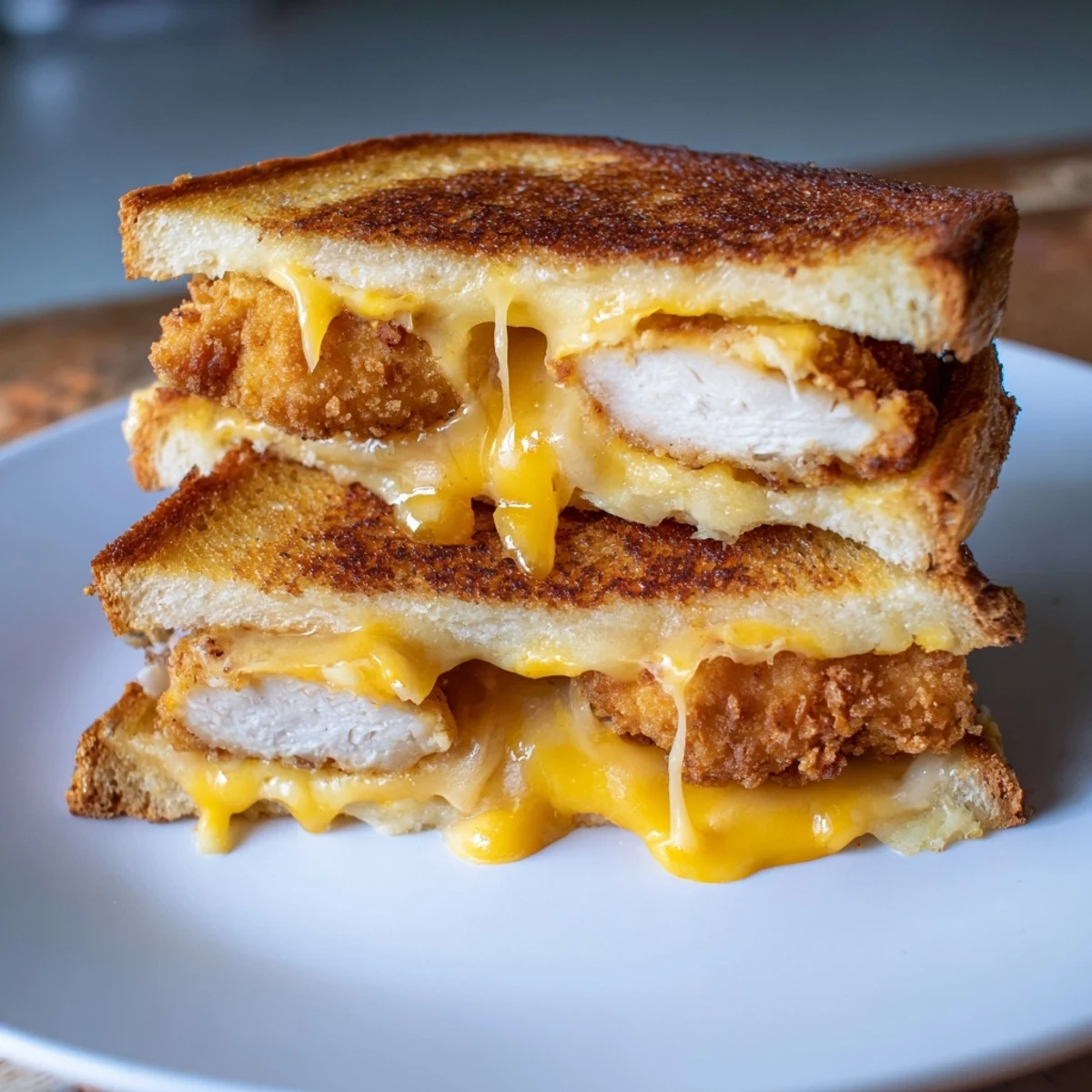 Chicken Nugget Grilled Cheese with melted cheddar and crispy nuggets ready to enjoy!