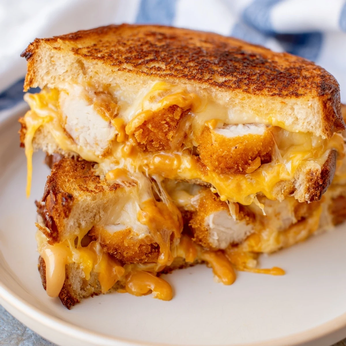 Warm, gooey Chicken Nugget Grilled Cheese slices showing off the satisfying, comforting flavors.