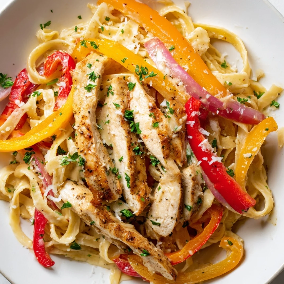 Cajun Chicken Pasta with creamy sauce, peppers, and tender chicken, a colorful main dish.