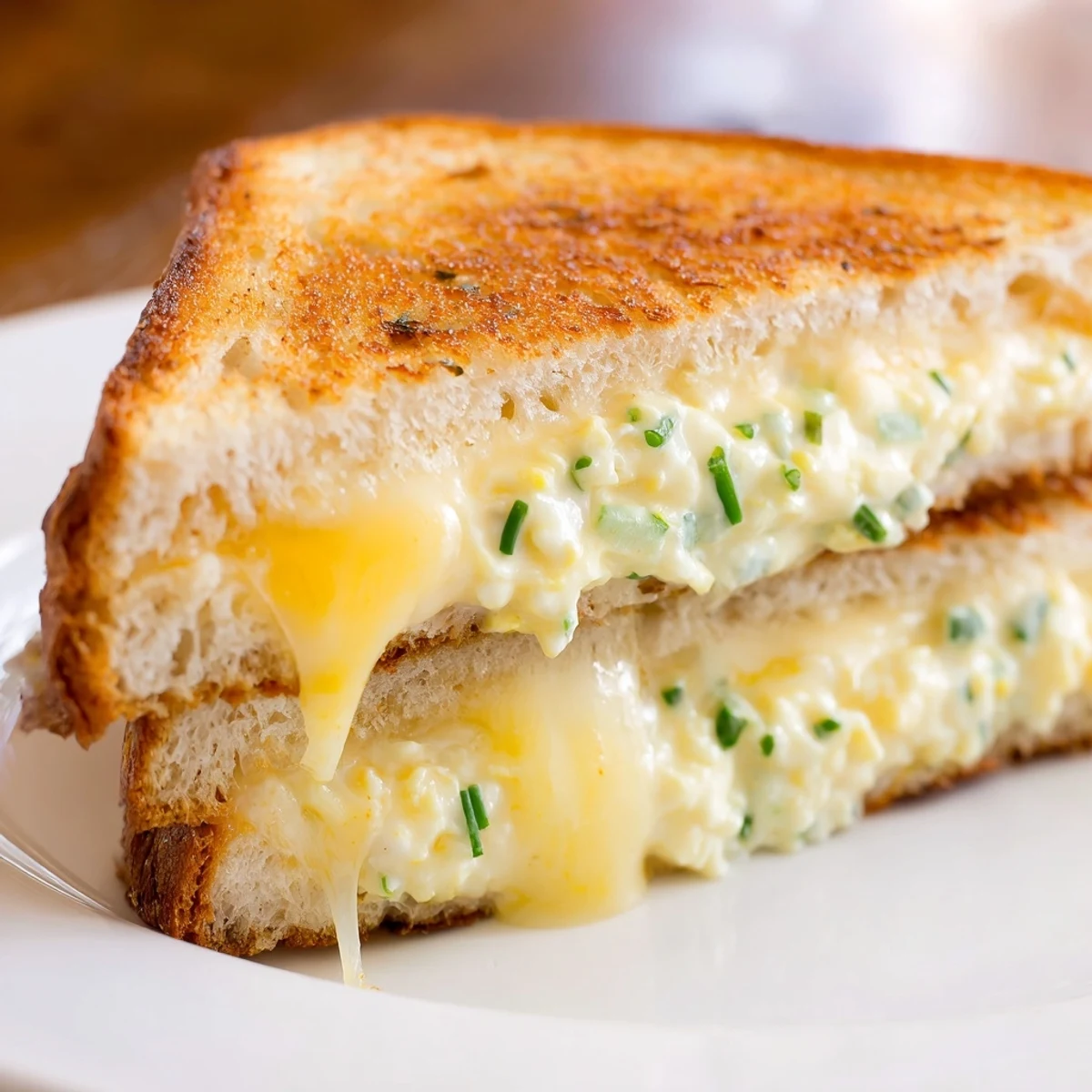 Golden-brown Egg Salad Grilled Cheese sandwich, cheese oozing, ready to enjoy for lunch.