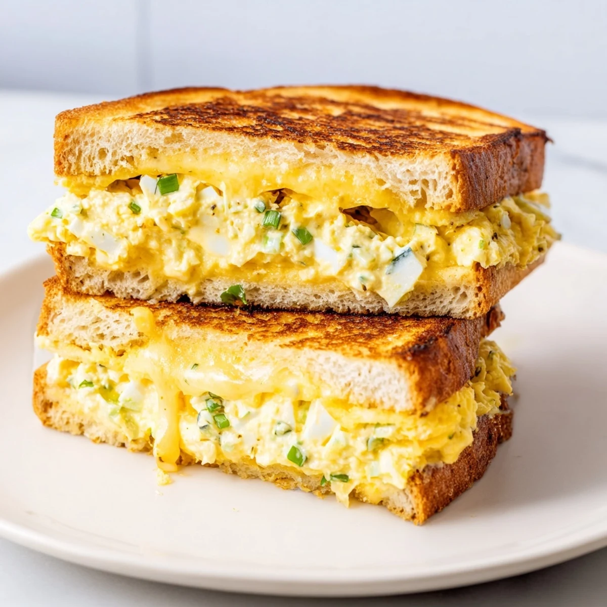 A close-up view of the perfectly grilled Egg Salad Grilled Cheese, melting cheese and crusty bread.