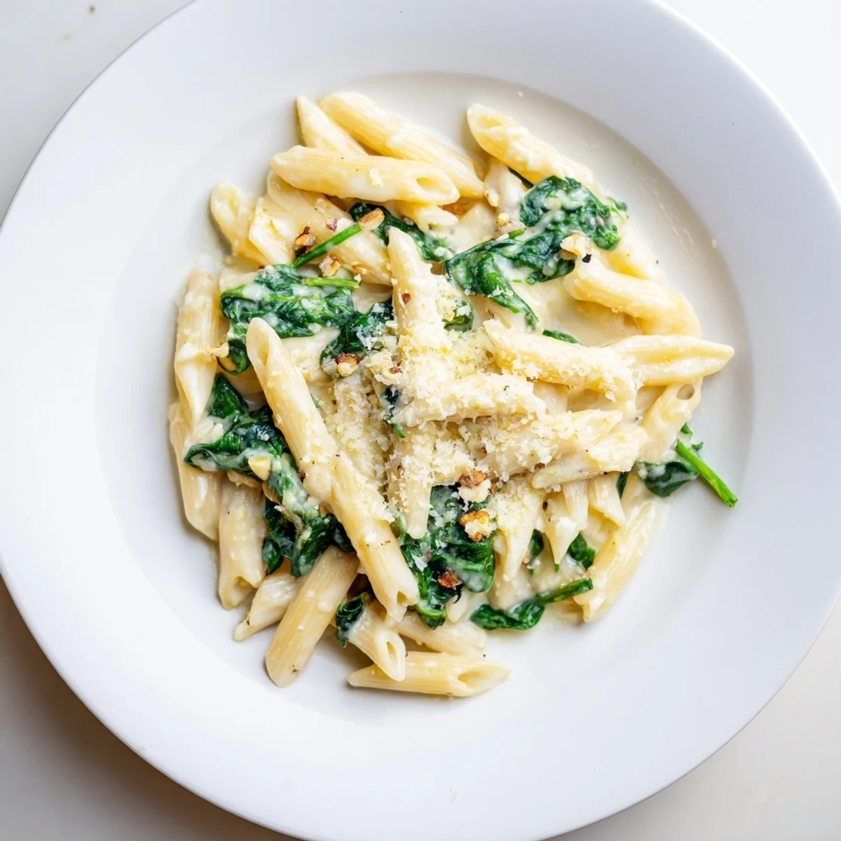 Steaming bowl of creamy spinach pasta with glistening Parmesan, ready to savor.
