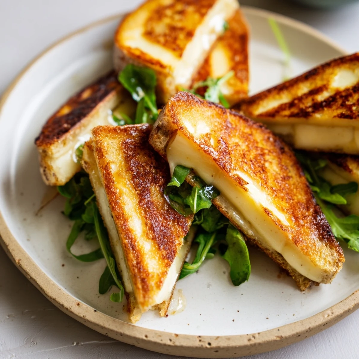 A warm and flavorful crispy halloumi grilled cheese, served with fresh greens for a delightful vegetarian lunch.