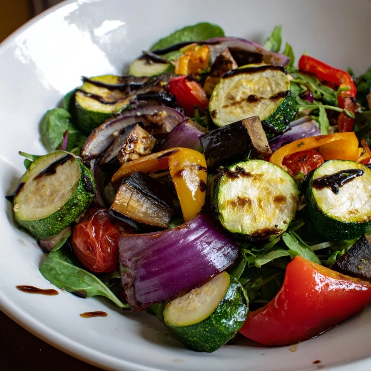 A colorful Roasted Vegetable Salad, featuring perfectly roasted vegetables with a tangy balsamic dressing.