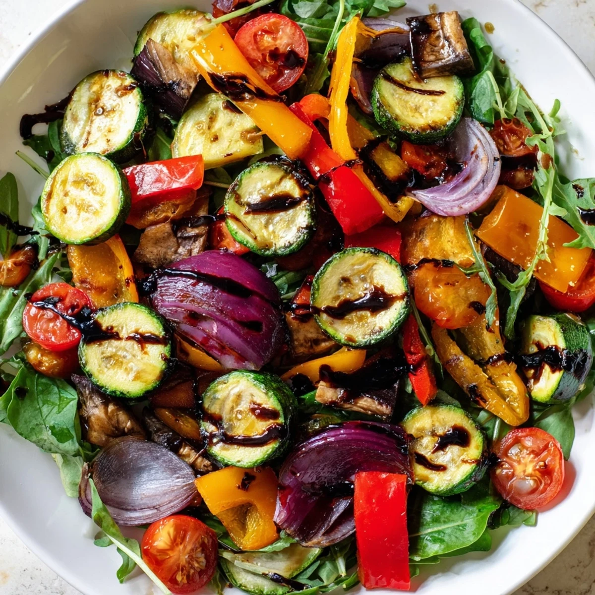 Warm, tender Roasted Vegetable Salad with mixed greens, offering vibrant Mediterranean flavors and textures.